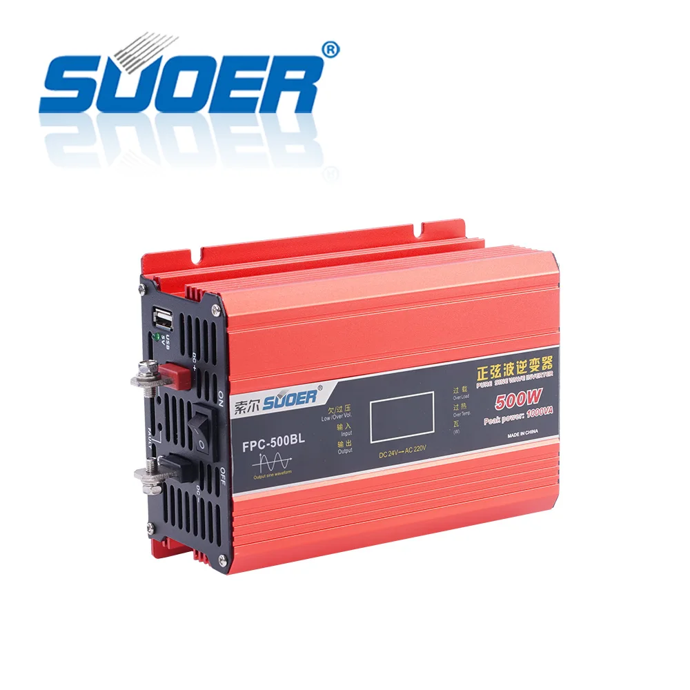 Suoer 【 Pure Sine Wave Inverter 】Pure Sine Wave Solar DC AC 24V 220V 500W Off Grid Inverter (FPC-500BL)