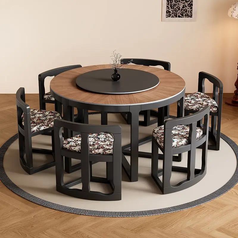 dining table and chairs can be stored, chairs and stools retro style modern simple high-end wood grain rock slab dining table