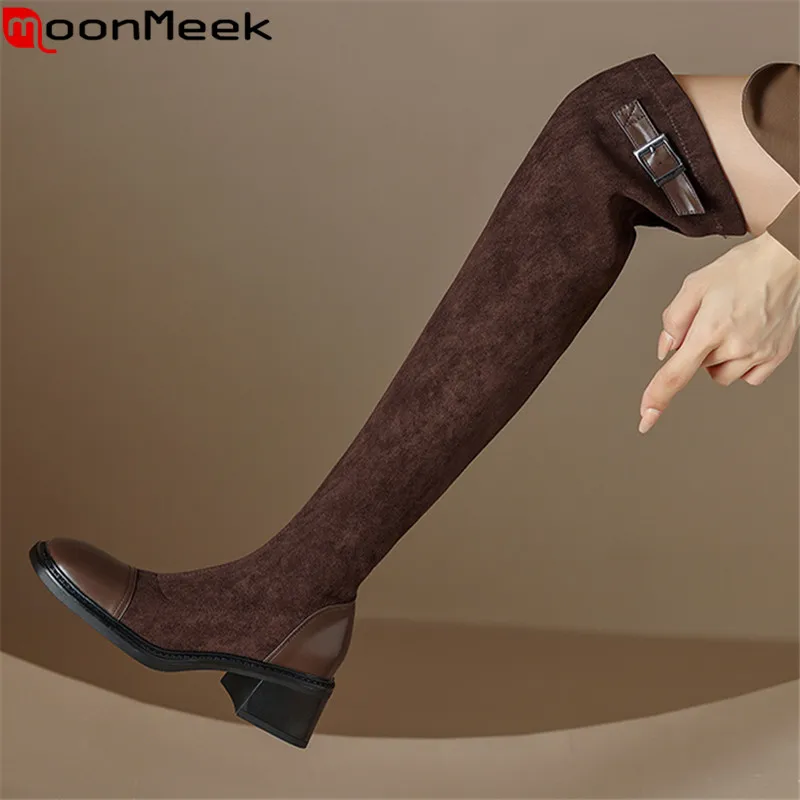 

MoonMeek 2023 New Size 33-43 Ladies Winter Boots Woman Synthetic Over The Knee Boots Thick Med Heels Dress Shoes