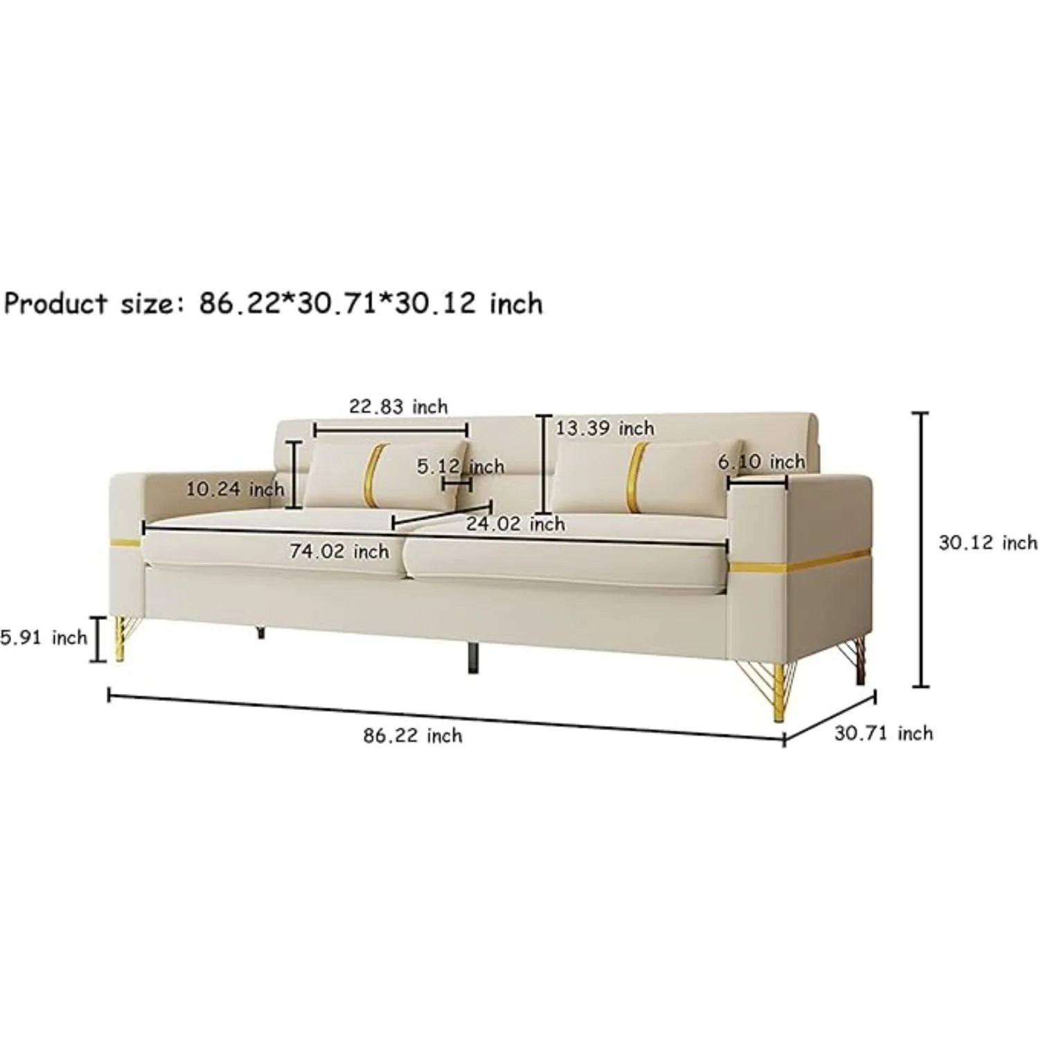 Sofá de terciopelo de 86 pulgadas de ancho con almohadas reforzadas, sofá moderno de gran tamaño de mediados de siglo, cómodo sofá de 3 plazas con patas de metal dorado