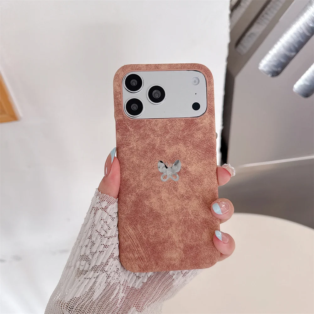 

Elegant C Stylish Butterfly Phone Case for iPhone 17 Pro Max Vintage Soft Suede Texture PU Cover for iPhone 16 15 14 13 Pro