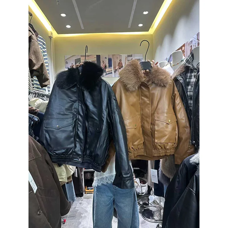 Benuynffy 2025, Herbst-Winter, Schwarz, mit Reißverschluss, Kunstleder, Jacke, Damen, Streetwear, abnehmbarer Pelzkragen, dick, warm, modisch, Outwears