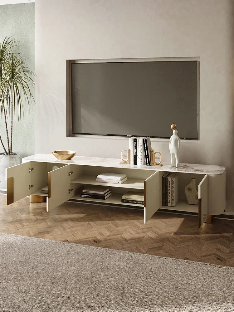 

TV cabinet, coffee table, living room, white small apartment, stainless steel storage base cabinet combination