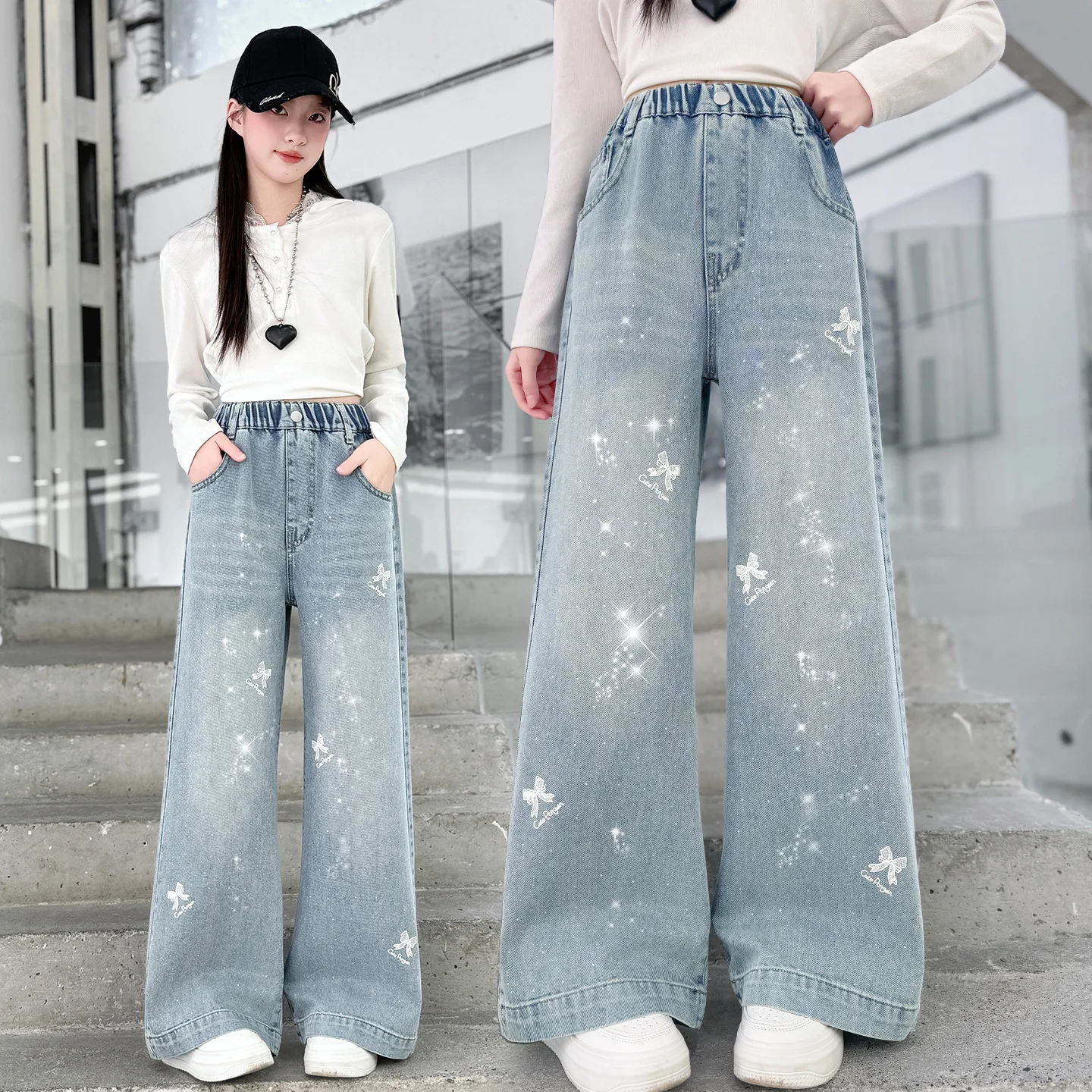 New Spring Autumn Children Fashion Jeans with Rhinestone Bow for Teenage Girls Elegant Denim Pants Kids Loose Straight Trousers