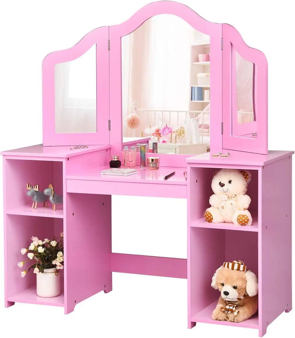 Kids Vanity, 2 in 1 Princess Desk Dressing Table with Detachable Top, Toddler Vanity with Tri-fold Mirror & Stora