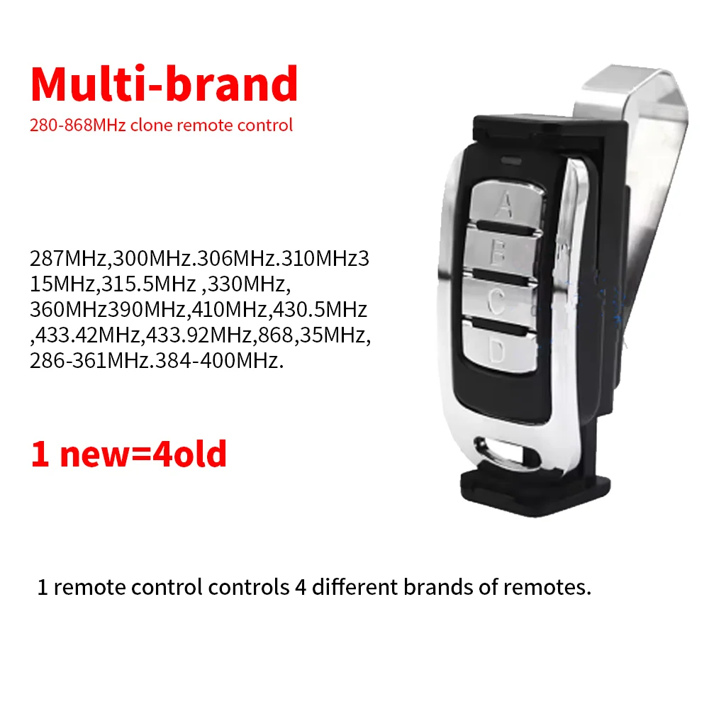 4 in 1 Garage Remote Multi Frequency  280-868MHz Fixed & Rolling Code 433MHz Gate Control Command Key Fob Transmitter