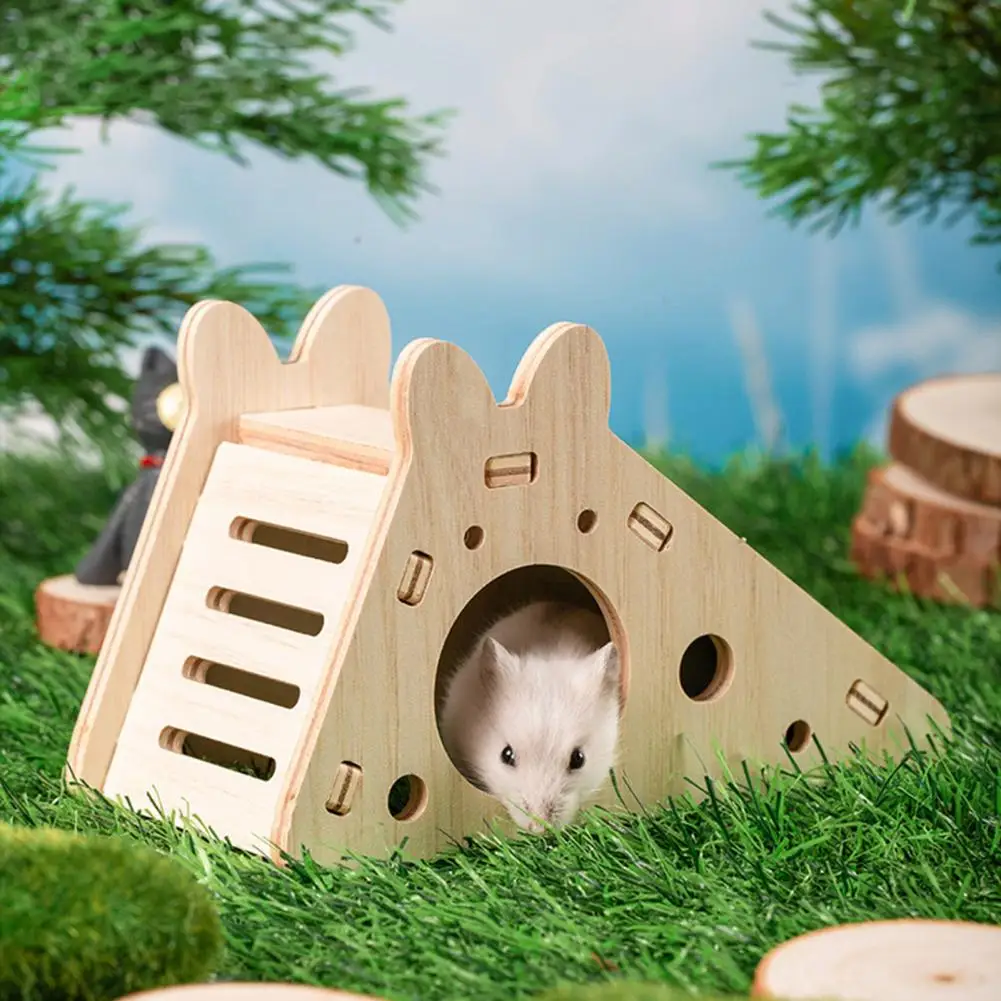 Porous Breathable Hamster Toys Multi-hole Breathable Hamster Wooden House Swing Double Layer Fun Nest with Teeter for Simple