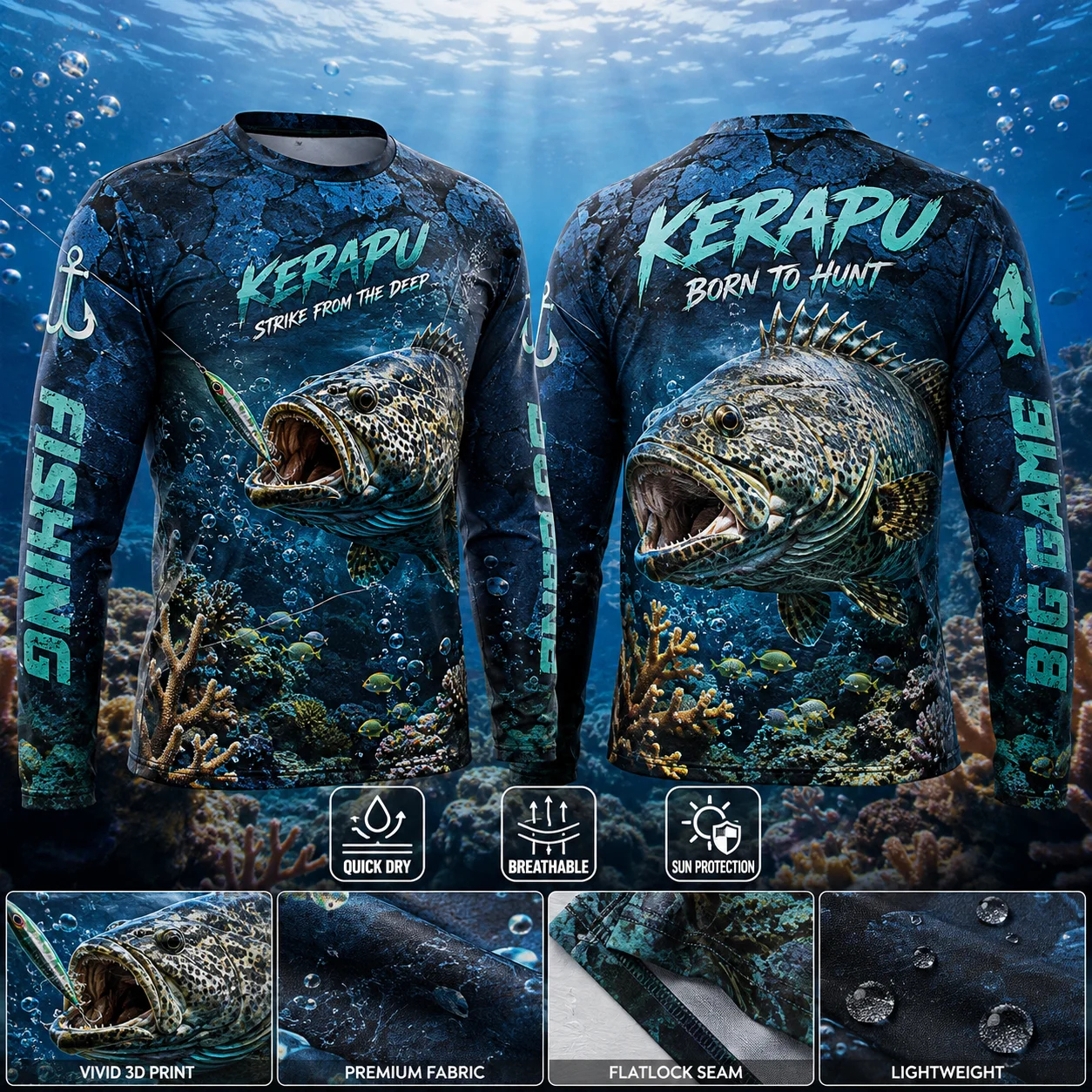 Grouper Kerapu Fishing Shirt Men Ikan Kerapu 3D Fish Print Long Sleeve Quick Dry UPF 50 UV Protection Fishing Jersey