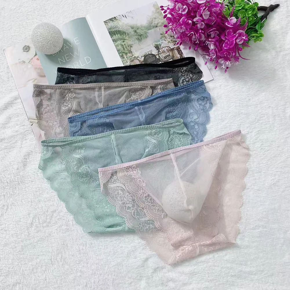 1pc Sexy Mens Transparent Underwear Breathable Seamless Lace Briefs U Shape Convex Underpants Gay Sissy Hot Lace Thin Pantie