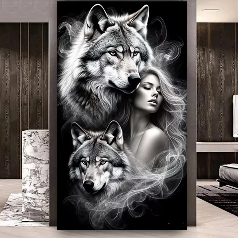 

Алмазная картина, удивительный черно-белый волк, женщина, полная квадратная алмазная вышивка своими руками, мозаика, домашний декор, вышивка крестиком, подарок на Хэллоуин