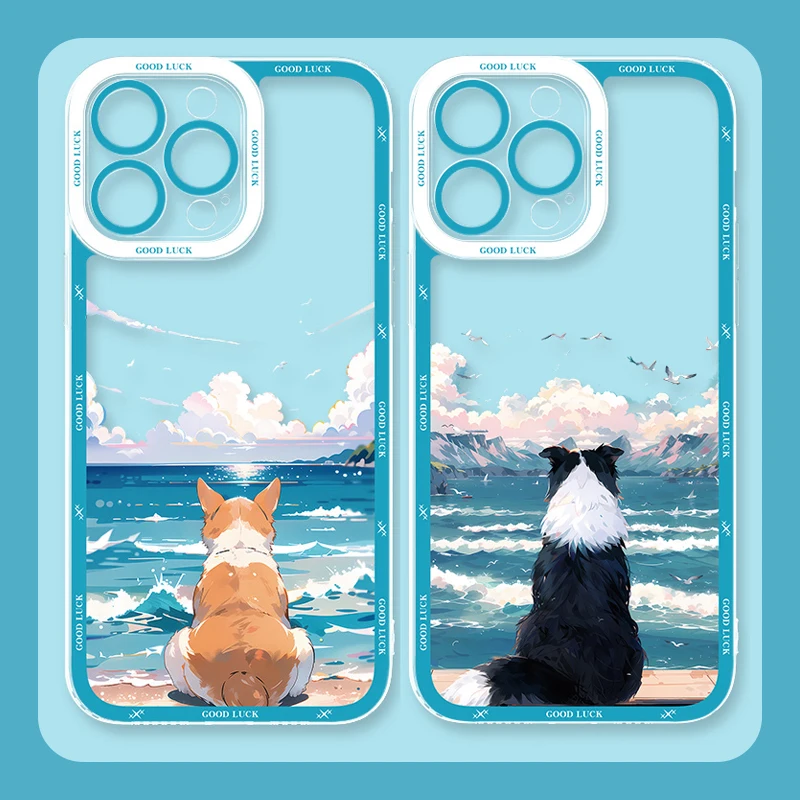 Case For Samsung Galaxy S24 S23 S22 Ultra S21 S20 FE Note 20 10 Plus A15 A25 A35 A55 Dog watching the sea view Clear Back Cover