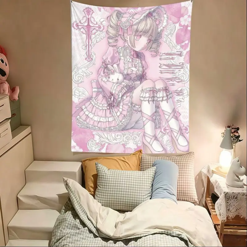 VIKAMA Anime Bunny Ear Lolita Tapestry, Sweet Style Manga Wall Hanging, Bedroom Wall Decor, Kawaii Japanese Style Backdrop
