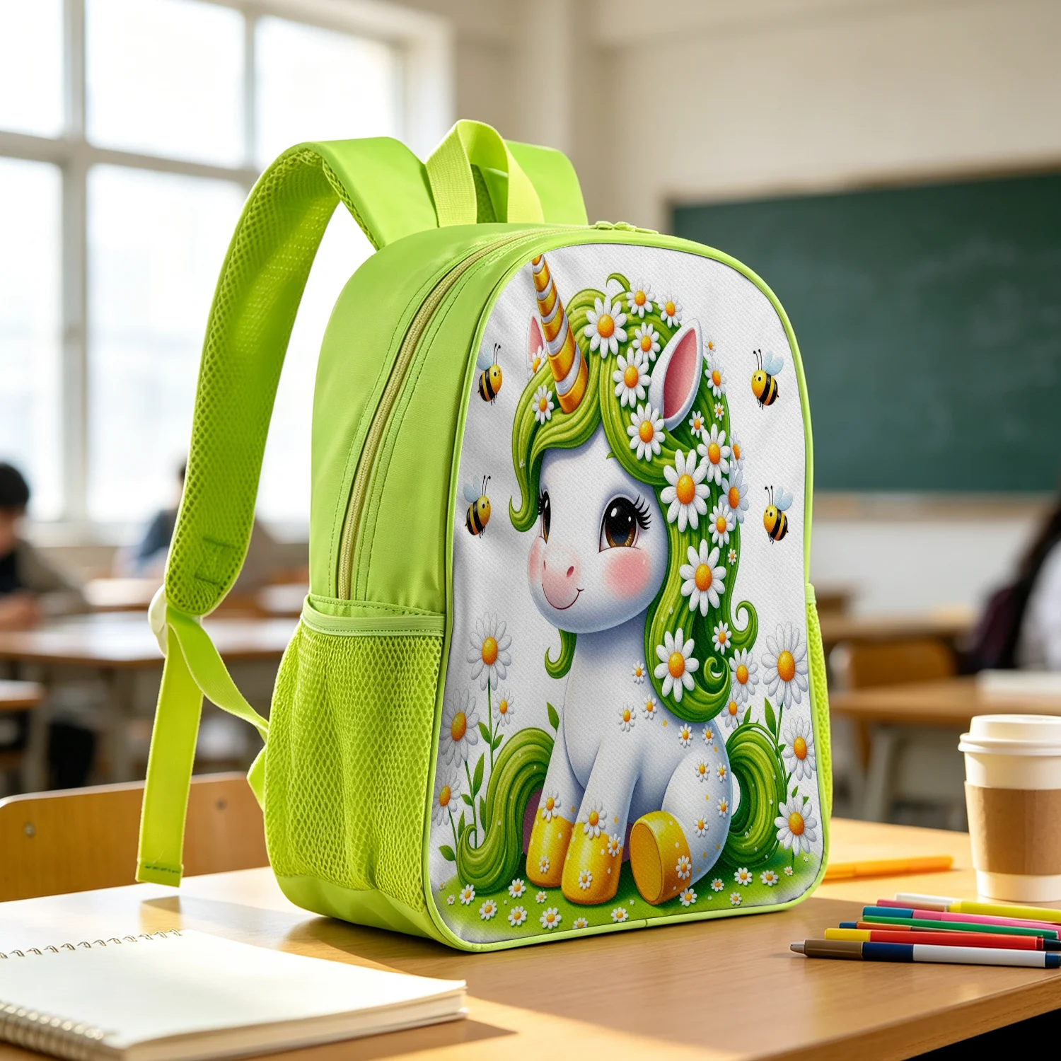 Cute Green Unicorn Backpack Lightweight School Bookbag with Daisy Bee Flower Spring Print Adjustable Padded Straps