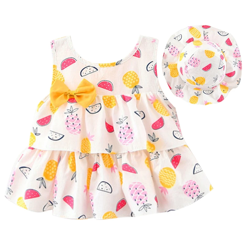 

babzapleume 2Piece Summer Newborn Baby Dress Korean Cute Cherry Print Sleeveless Girls Dresses+Sunhat Toddler Clothes Set 065