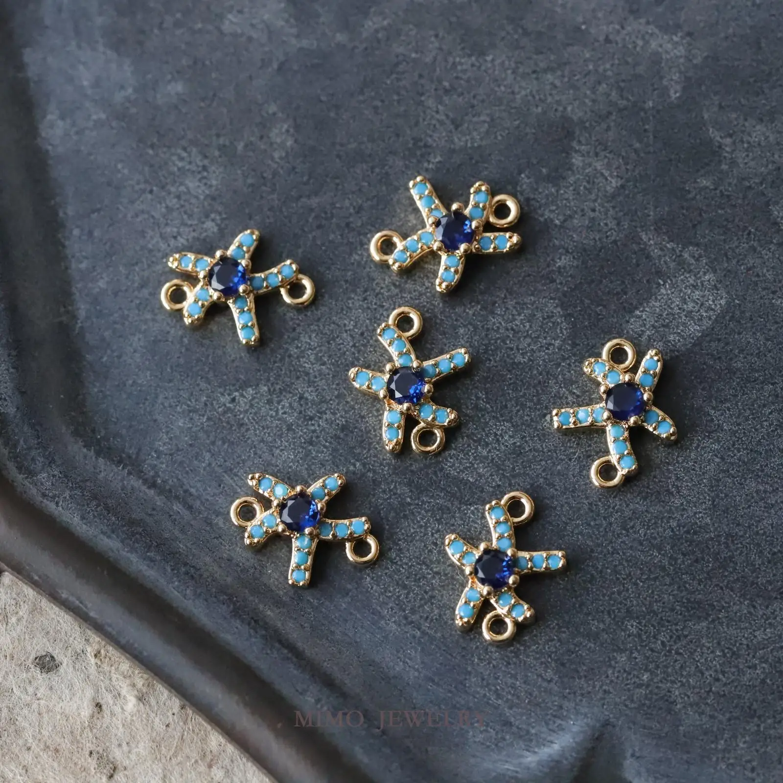 Ocean Wind Blue Zircon Double Hanging Starfish Charms Pendant Supplies DIY Hand Brass Gold Plated Accessories 12*9mm