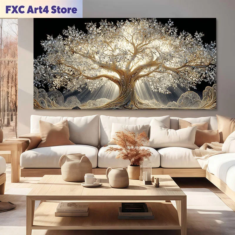 Frameless ​2D Flat,Frameless Golden Tree Illuminates Sacred Printing,Modern Mural Posters for Living Room,Bedroom,Home Office-wa