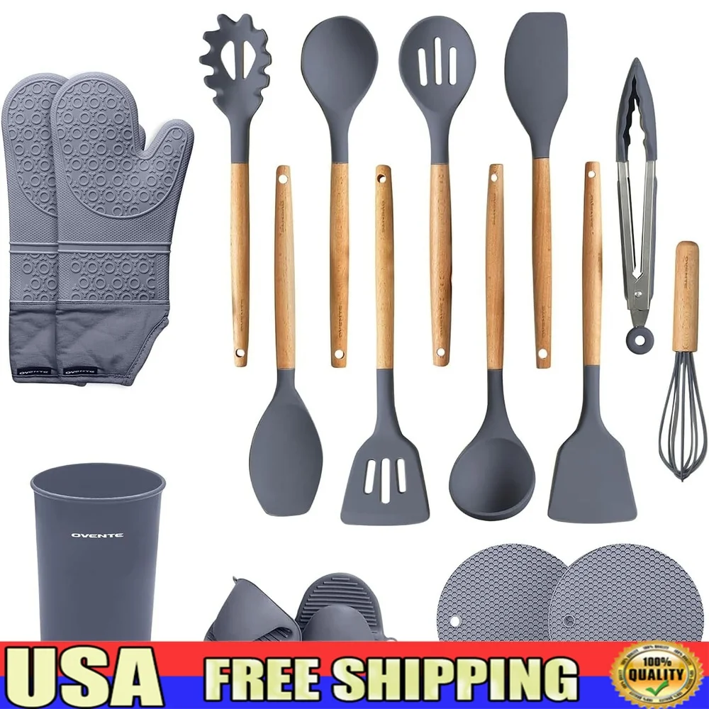 

17pcs Silicone Kitchen Utensils Set Heat Resistant Nonstick Cooking Tools with Wooden Handles BPA Free Cooking Baking