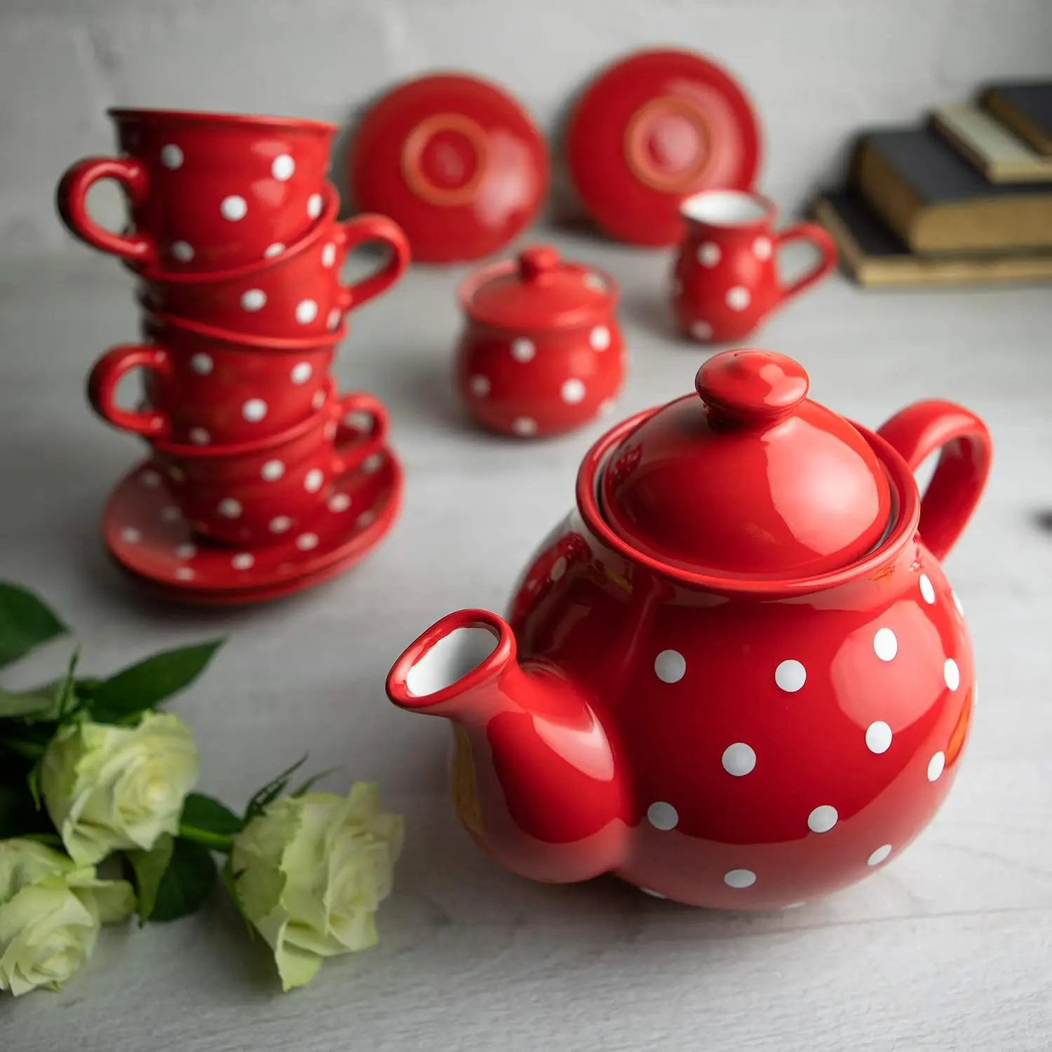 Handmade Red and White Polka Dot Ceramic Teapot Set, Large 1,7l/60oz/4-6 Cup Teapot, Milk Jug, Sugar Bowl, Four Cups and Saucers