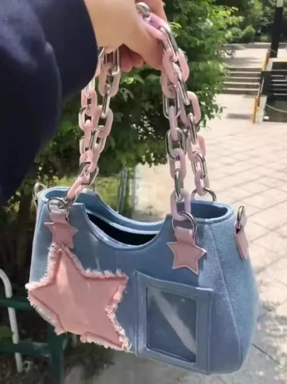 Vintage Denim Shoulder Bag Star For Women Patchwork Color Contrast Crossbody Bag DIY Photo Art Casual Girl Underarm bag