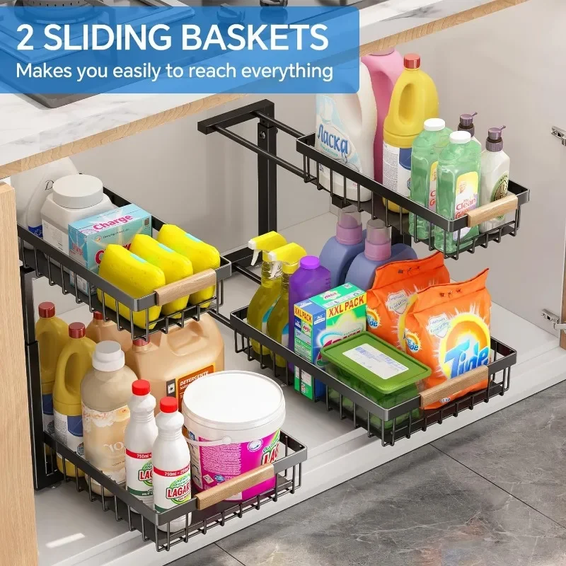 Under Sink Organizer,2 Pack Under Sink Organizers and Storage Basket, 2 Tier Metal Slide out Sink Shelf Under Cabinet Organizer