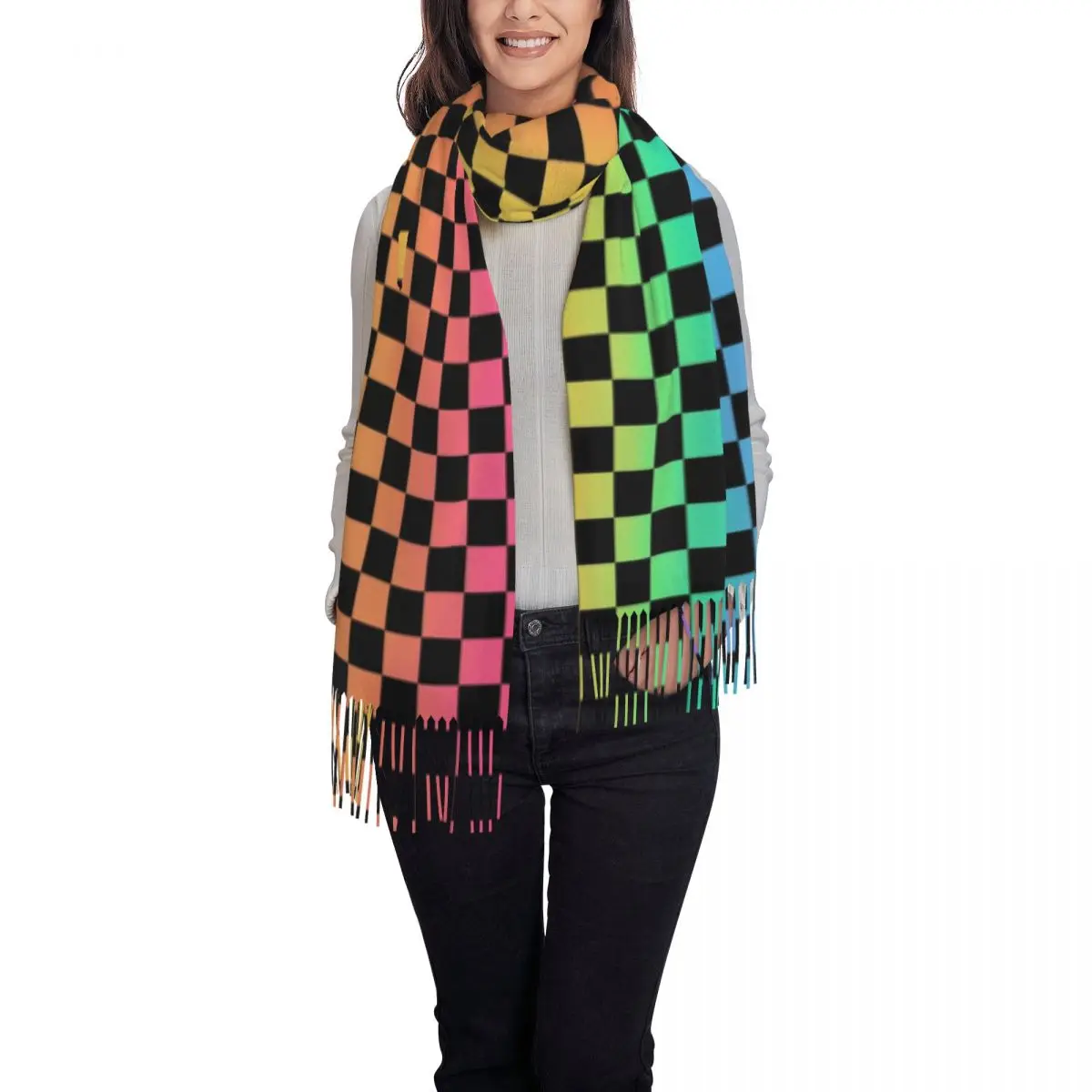 Custom Printed Rainbow Checkered Scarf Men Women Winter Warm Scarves Checkerboard Pattern Shawls Wraps