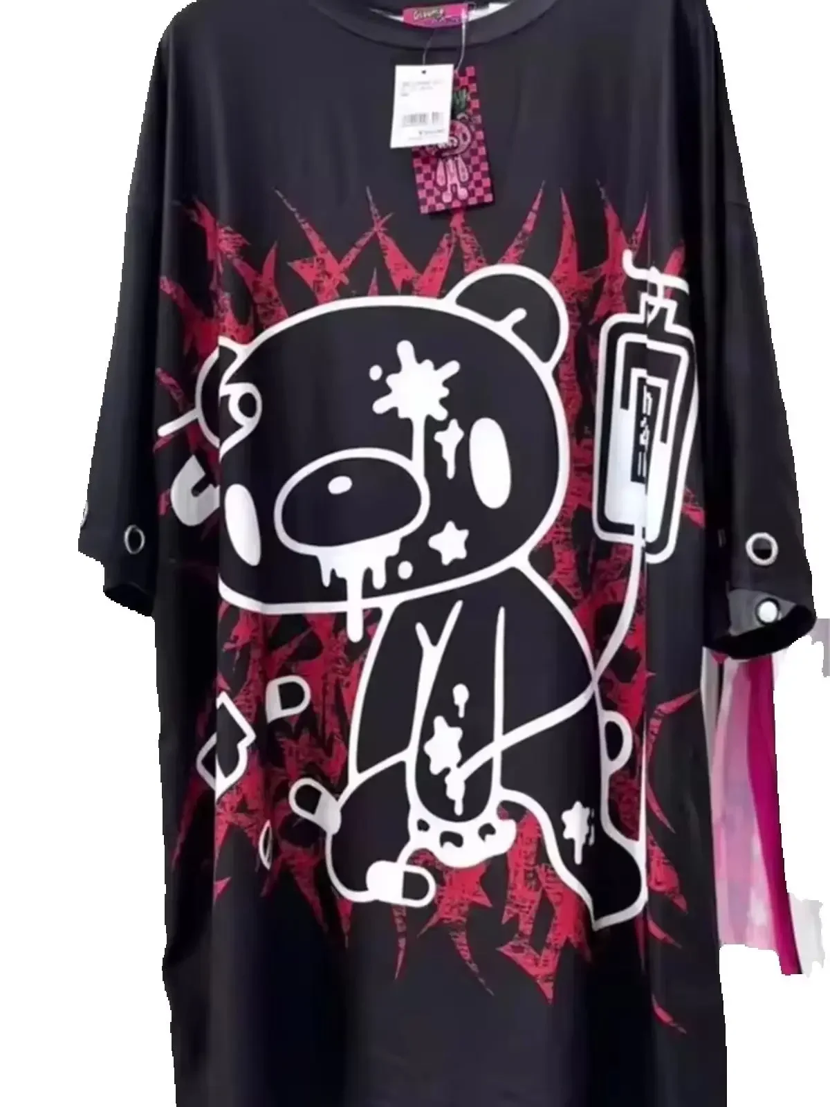 Y2K Gothic Punk Oversized T-Shirt Black Red Cartoon Bear Blood Print Safety Pin Sweet Cool Streetwear Short Sleeve Graphic Tee