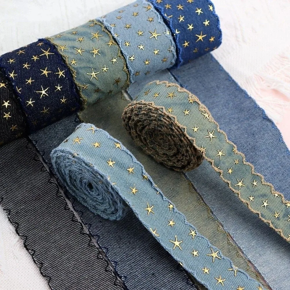 1 yard 38MM 38MM Width Denim Cloth Ribbon Gold Star Stamped Pattern Gold Star Ribbon Denim DIY Craft Accessories Clothing Sewing