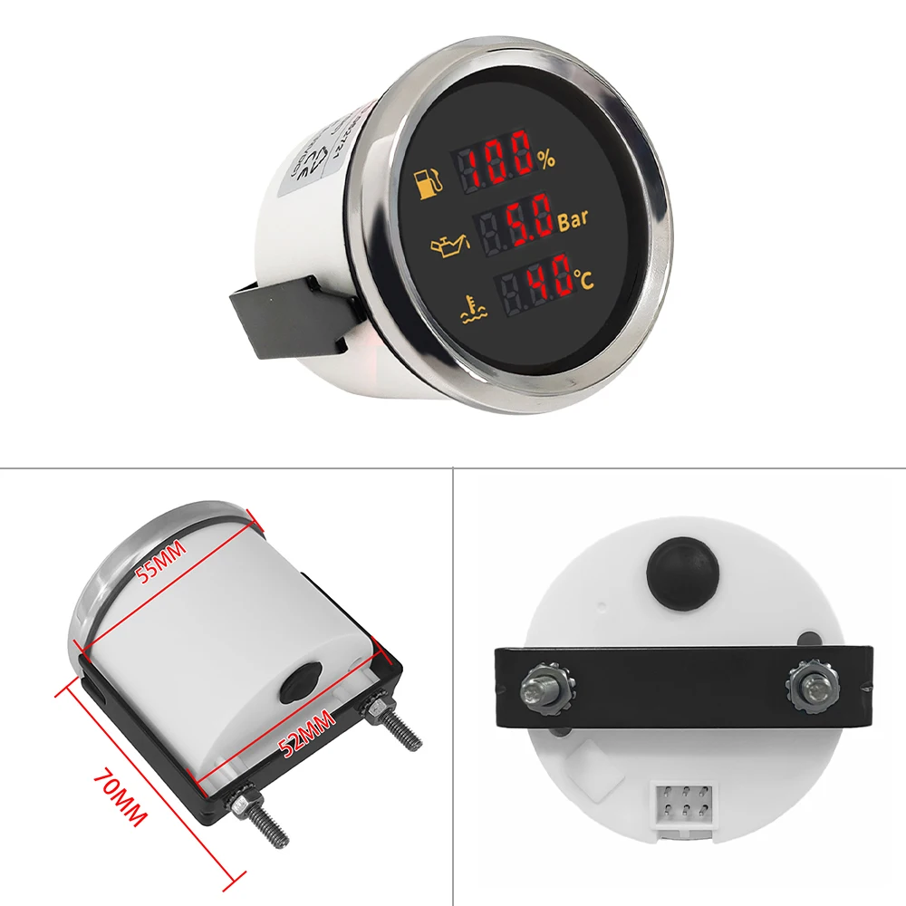 Motorcycle 52mm Waterproof Digital 3 in 1 Multi-Function Gauge with 8 Colors Backlight for Car Boat Yacht Universal 9-32V