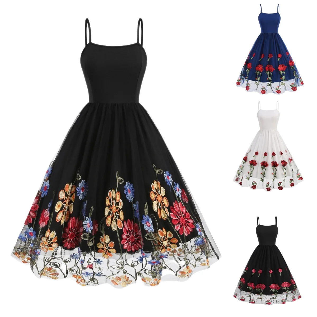 

1950s Vintage Dress for Women Sleeveless Solid Floral Summer Cocktail Party A-Line Swing Midi Dress