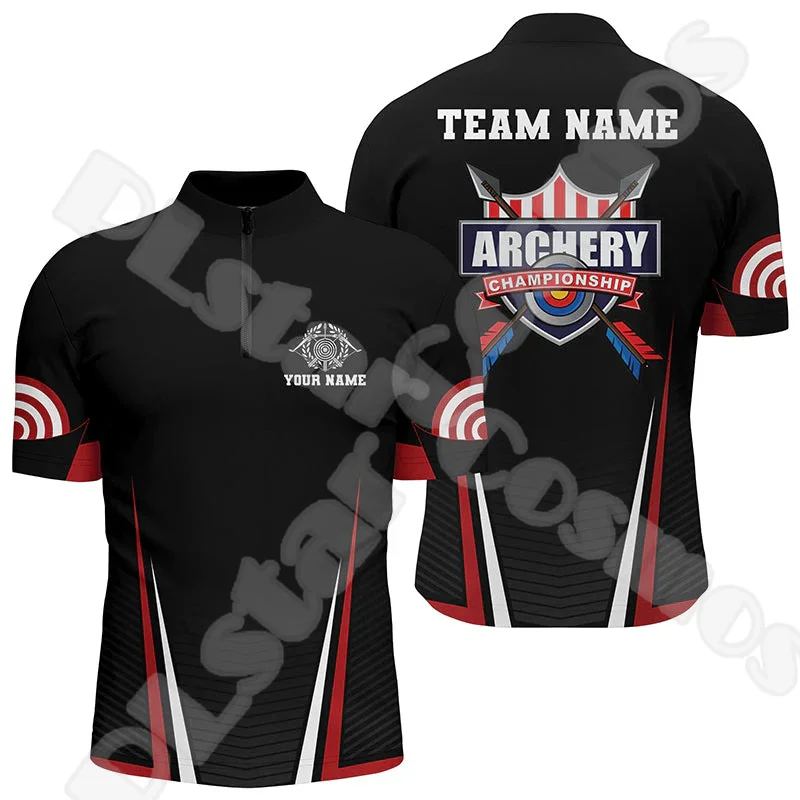 Custom Name Archery Shooting Player Flame Graffiti Tattoo Retro 3DPrint Harajuku Summer Short Sleeves Zip Polo Shirts Jersey X11