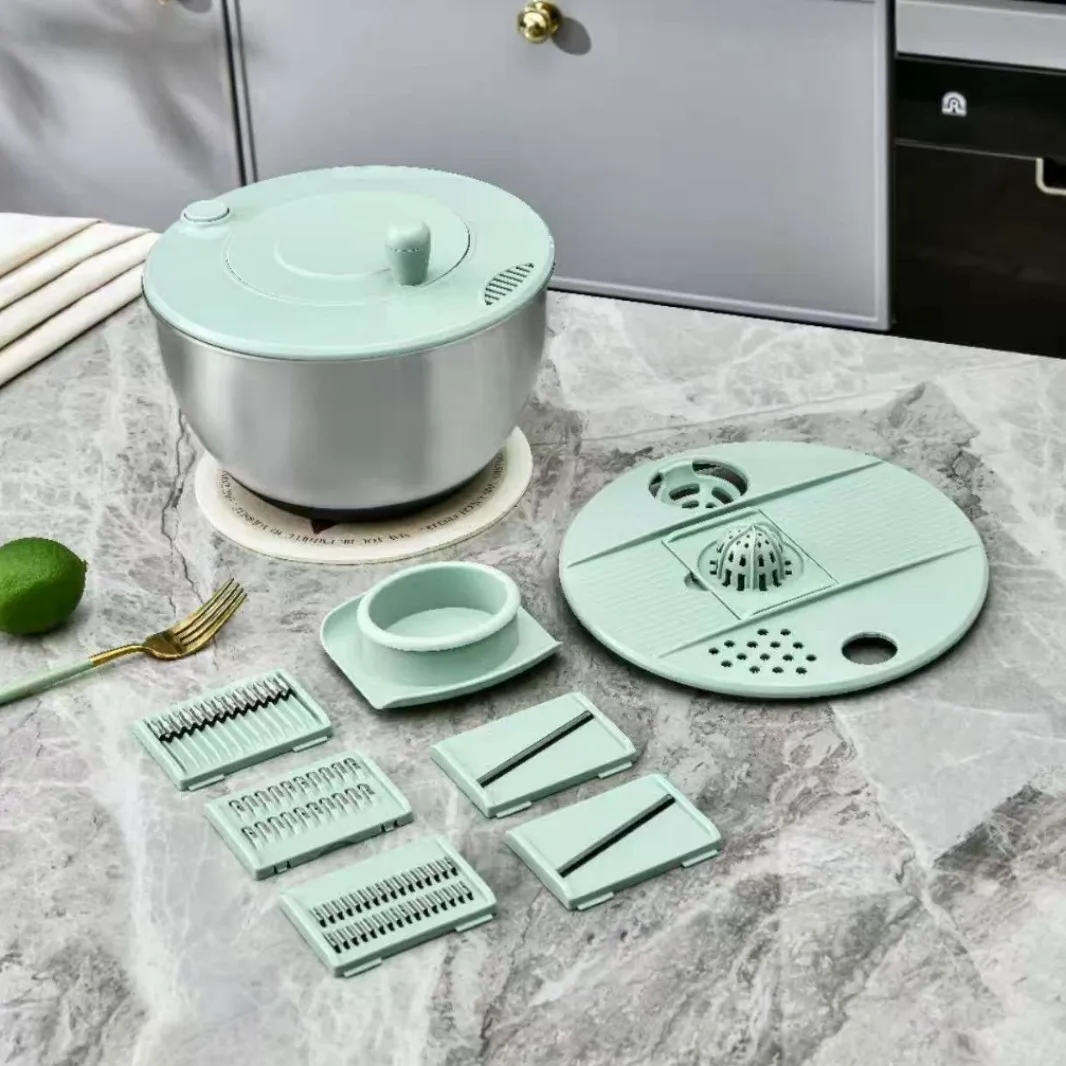Stainless Steel Salad Spinner Large, Vegetables Wash Bowl, Fruits & Herb Lettuce Dryer With 5 Blade Slicer Egg Yolk Stra