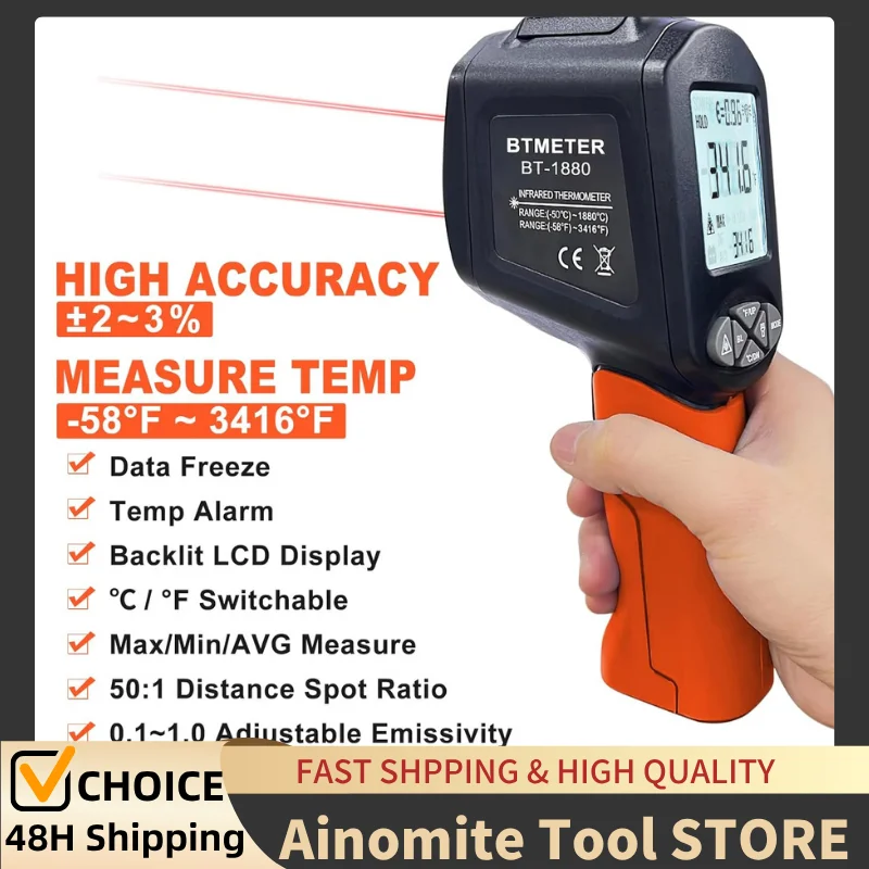 

Industrial Laser Thermometer Gun, Non-Contact Infrared Thermometer, Temp Range -50~1880℃（-58~3416°F）IR Temp Gun for HVAC Furnace