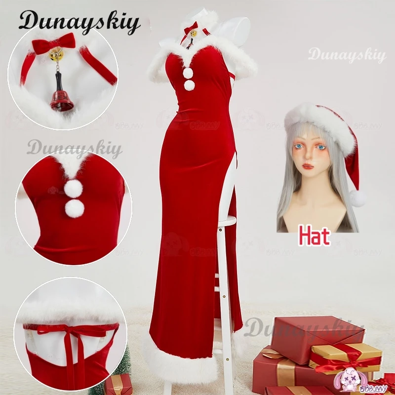 Women Red Christmas Cosplay Costume Women Lingerie Dress Plush High Split Backless Long Dress with Hat Gloves Customized