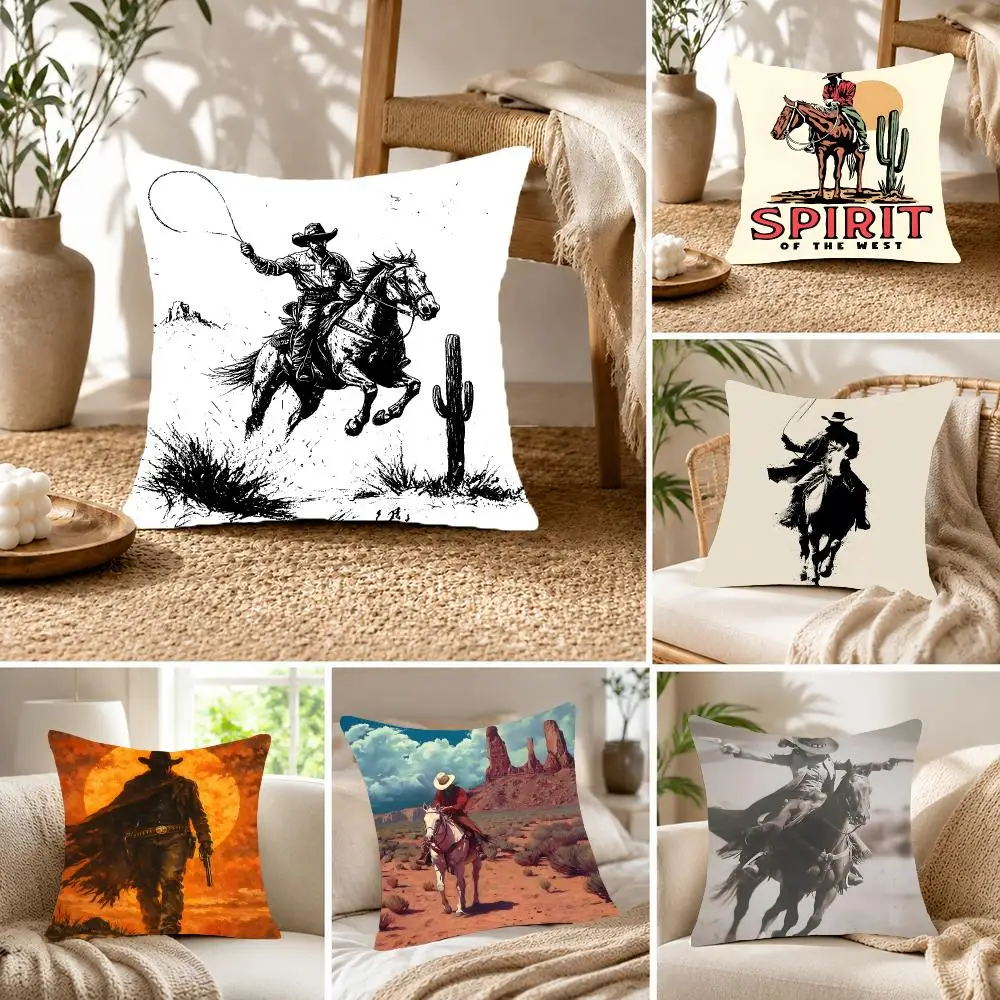 Culture West Cowboy Cushion Cover Fluffy velvet Nordic style plush Living room sofa decorative