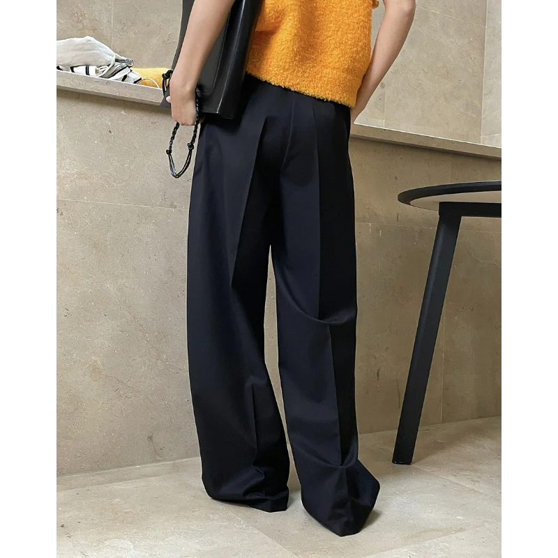 Korean Designer Tailored Trousers Wide-leg Women Asymmetrical Slanted Placket Loose High-waisted Suits Black Loose Pants Baggy