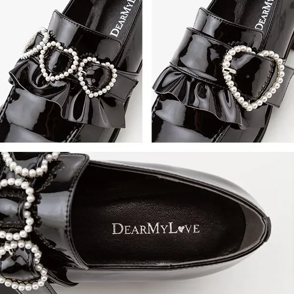 Japanese Style Students Round Toe Shoes Wooden Ear Pearl Heart Patent Leather Lolita Women\'s Black Pump Shoes Female Girls Heels