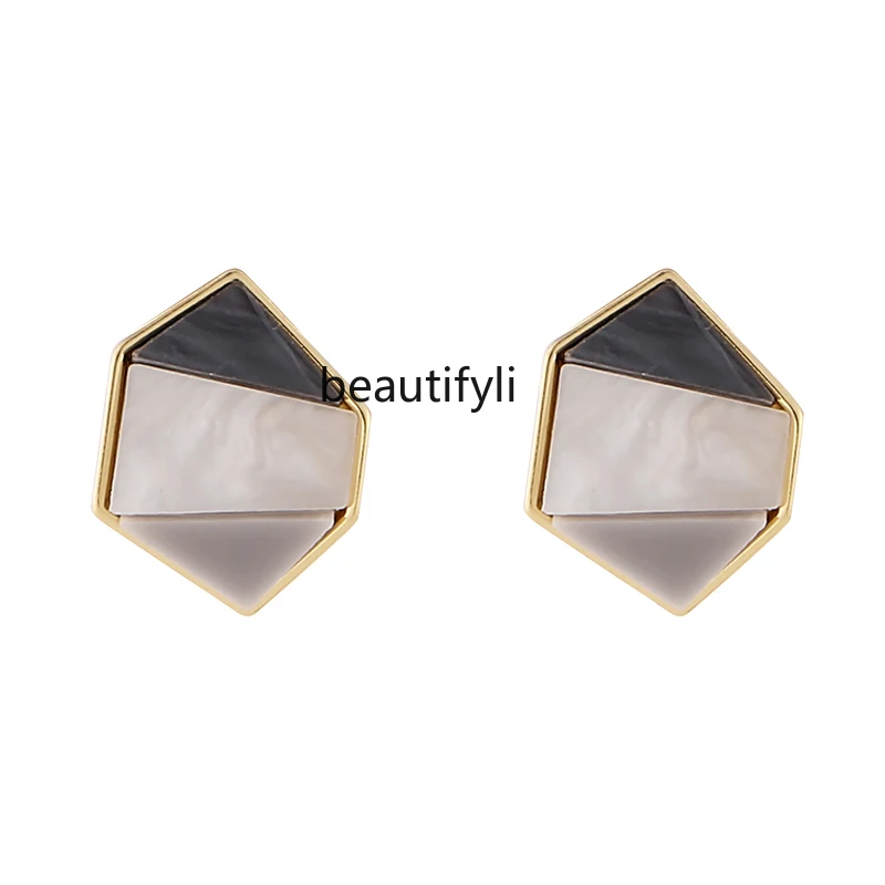 

Fashion high sense marble geometric earrings temperament simple silver needle exquisite versatile casual stud earrings