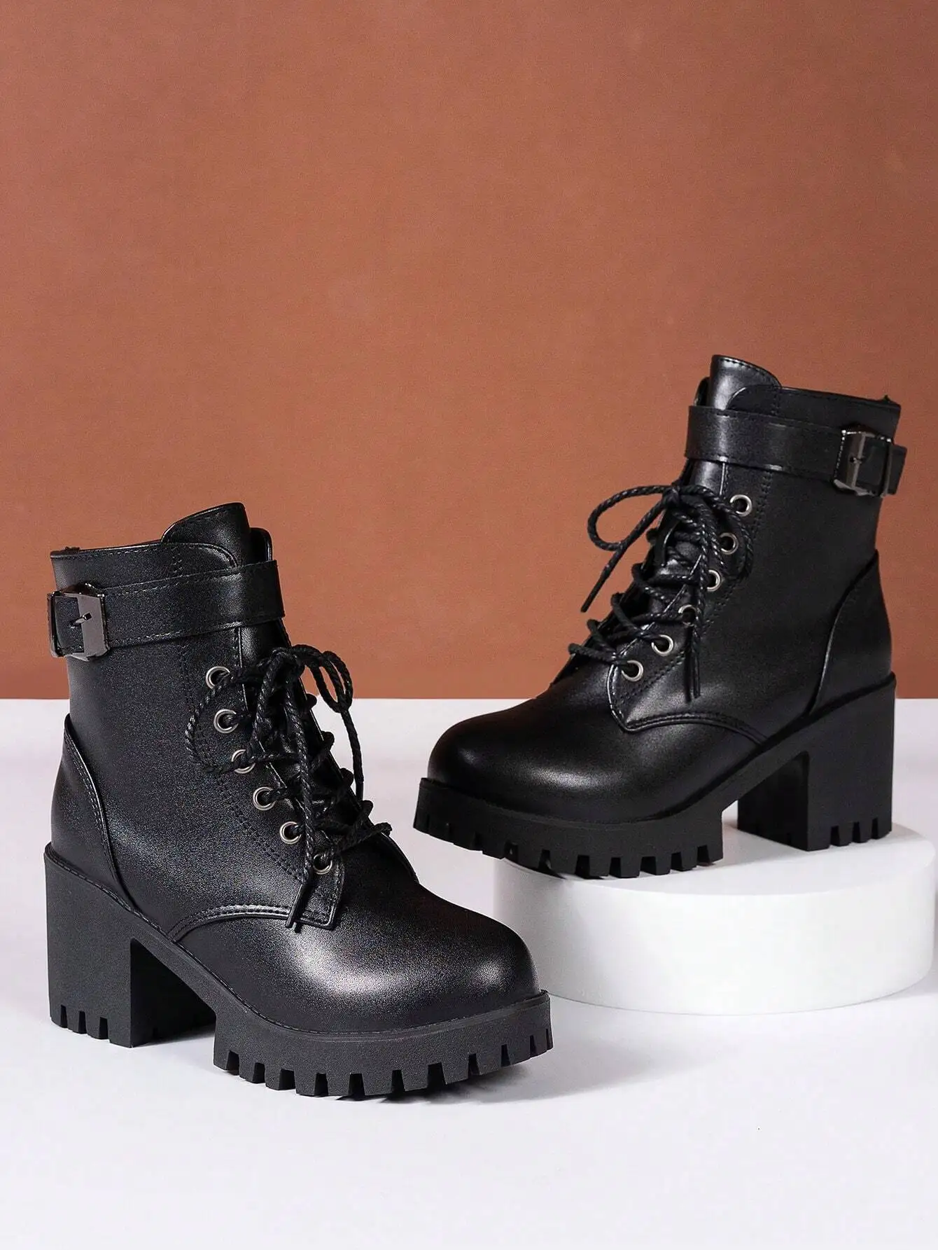 Women's Lace-Up PU Leather High Heel Chunky Heel Ankle Boots, Fashion Side Zipper Boots, Versatile Motorcycle Boots (Wide Feet Recommended To Order One Size Up) sx2209225345588845