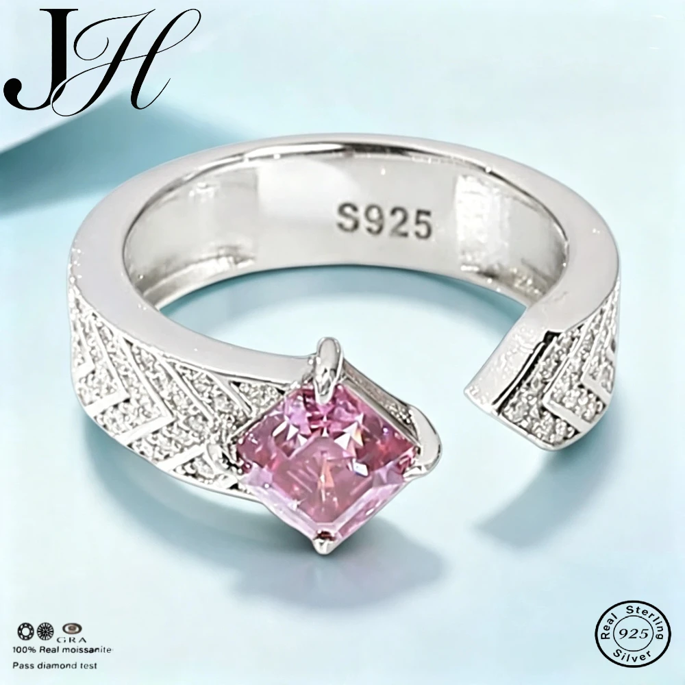 JoiasHome Moissanite Ring S925 Sterling Silver For Woman 1 Carat 6*6 Pink Asscher Open Ring Bestseller