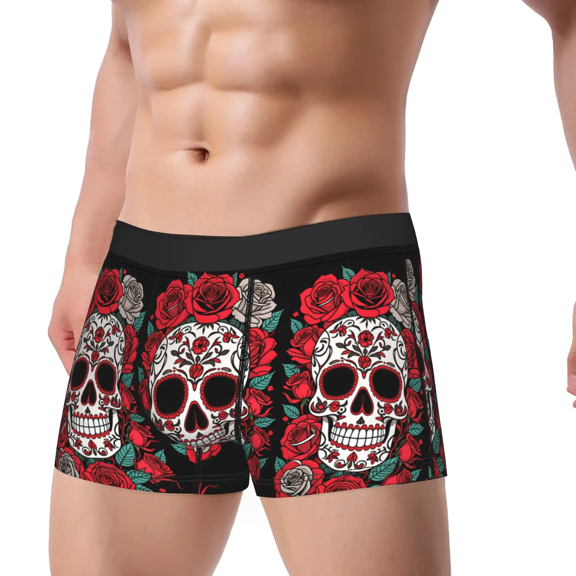

Skull and Roses Underwear Mexican The Day Of Dead Breathable Underpants Custom DIY Boxer Brief For Men Pouch Plus Size Trunk