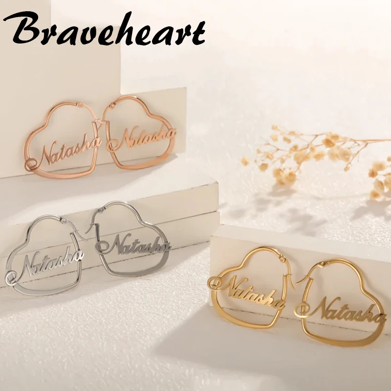 

Personalized 50MM Custom Name Heart Hoop Earrings For Women Stainless Steel Nameplate Accessories Jewelry Gifts Dropshipping