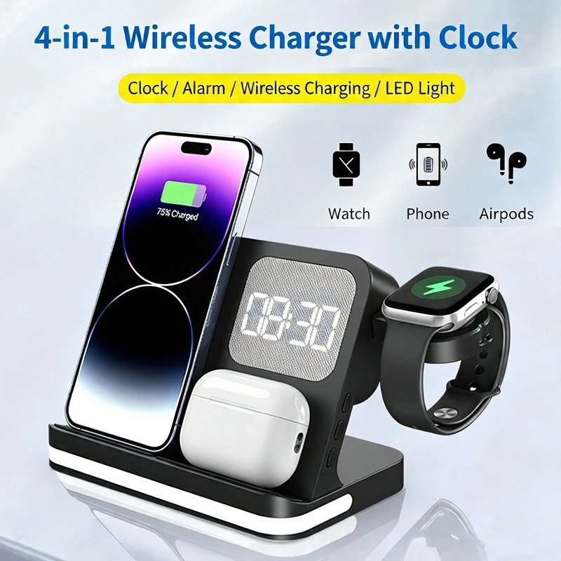 4-in-1 Multifunctional Wireless Clock Charger with LED Night Light Fast Charging Station for Mobile Phone Headphones and Watches