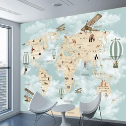 Peel and Stick accetta murales Cartoon World Map Wallpapers per soggiorno bambini Balloon Nursery TV Contact Wall Papers Home Decor