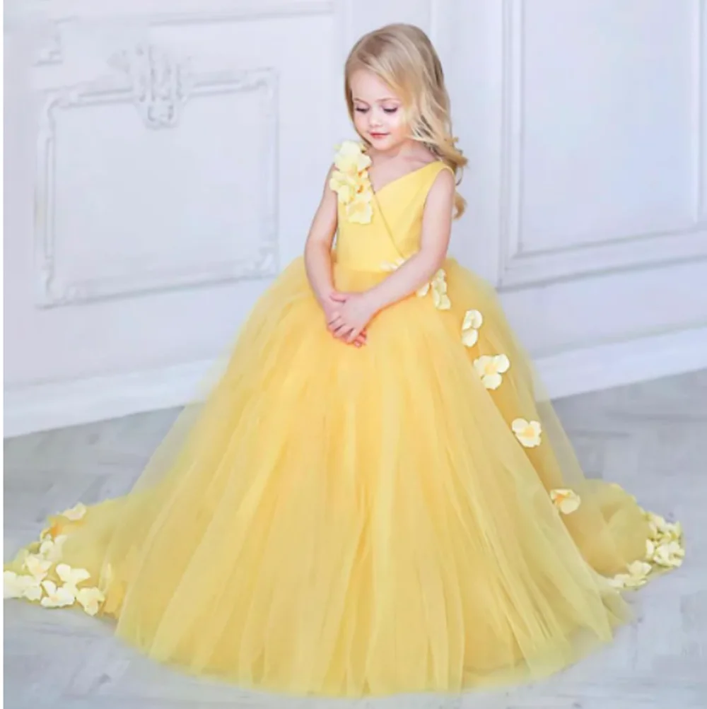 Tulle giallo Puffy Flower Girl Dress Cute Girl Birthday Dress Shiny Girl Wedding Party Dress Girls Dress First comunione Dress