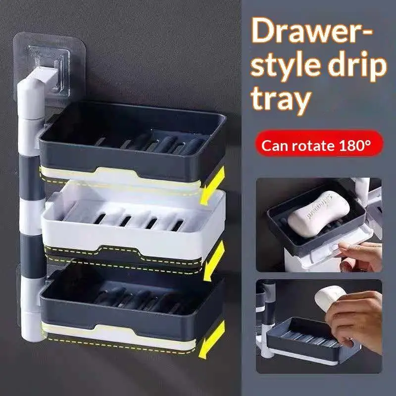 Non Drilling Soap Rack Wall Mounted Multi-layer Soap Box Storage Rack Rotatable Wall Mounted Soap Holder With Self Draining