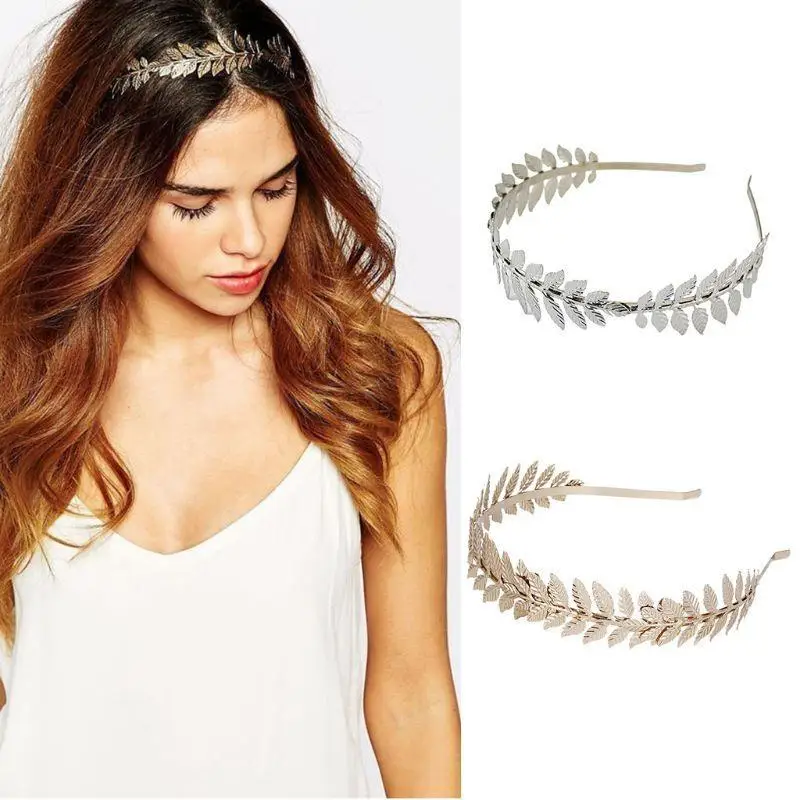 

652F Shinning Leaves Headband for Cosplay Golden Silver Greek Hair Hoop Wedding Party Leaves Crown