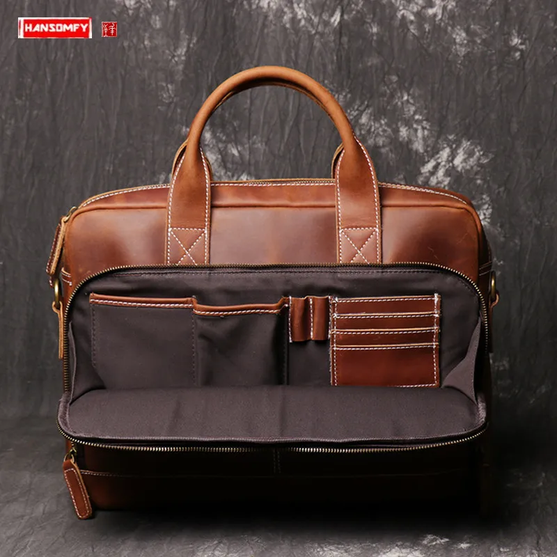 

New Genuine Leather 14" 15.6" Laptop Bag Men Handbag Shoulder Diagonal Briefcase Large Capacity Male Schoolbag Travel Bags