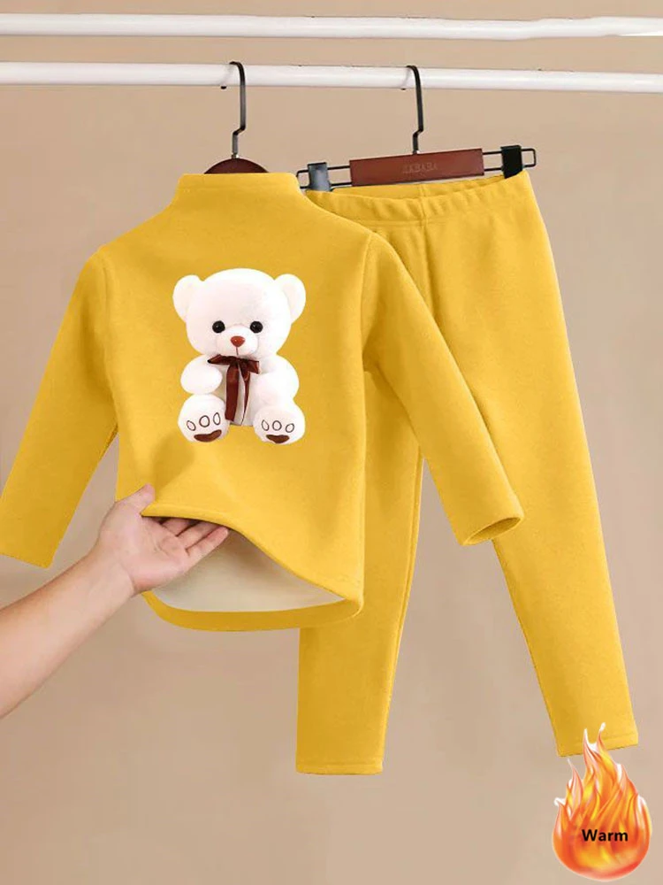 Children Velveteen Underwear Suit Winter Warm Bear Print Long Sleeve Tops Conjuntos Boys/Girls Leggings Pants 2 Piece Sets