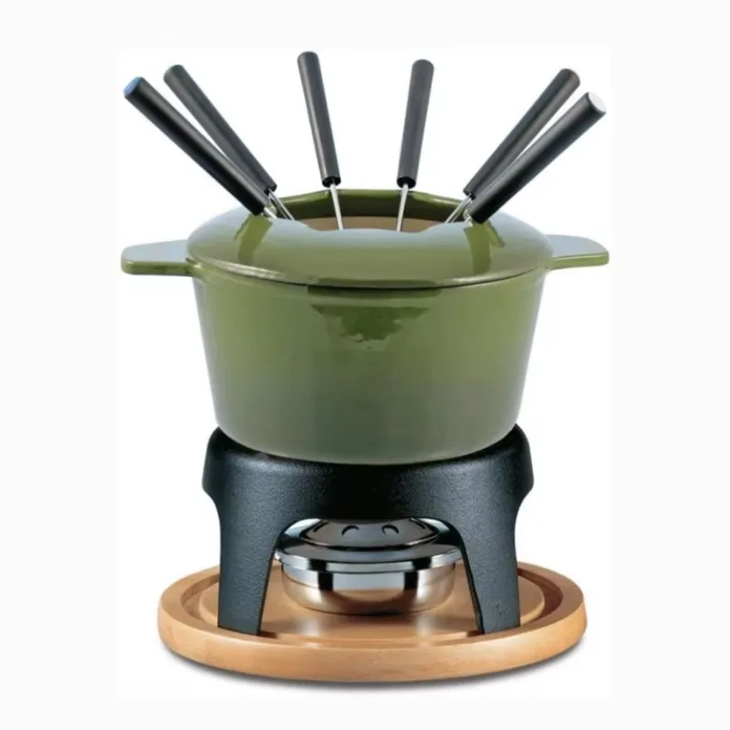 

Enamel Cast Iron Fondue Set Cheese Melting Pot Metal Stand With Stainless Steel Forks and Chrome Gel Burner