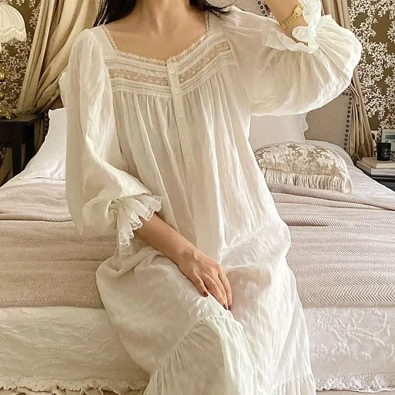 Long Girls Sleeves Dress New Lace Ruffle Loungewear Vintage Home Cotton Looose Women Nightdress French Pajamas Patchwork Female